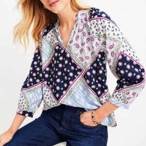 NWT Loft Linen Blend V-Neck Long Sleeve Patchwork Paisley‎ Top Boho Cottage